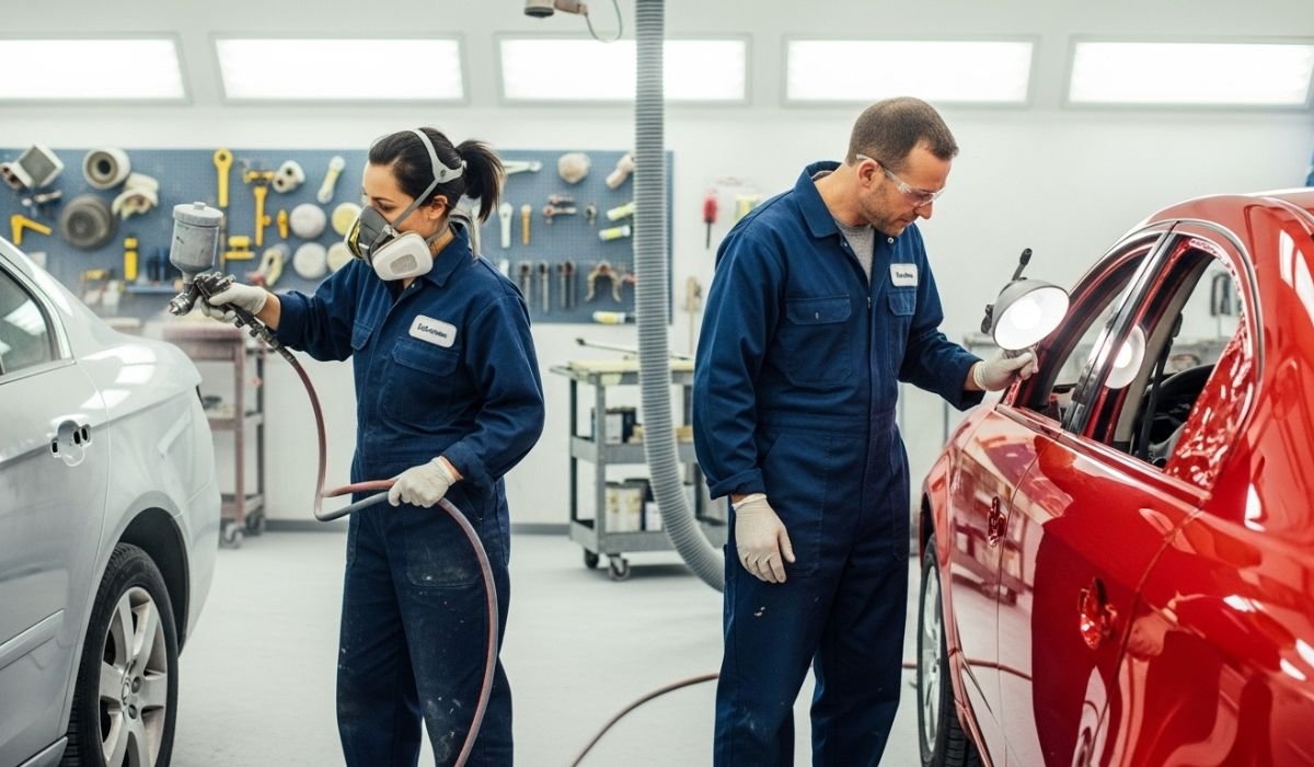 Two mechanics in blue coveralls work diligently in an auto repair shop, showcasing Best Body Shop Services as one paints a car while the other inspects a red vehicle.