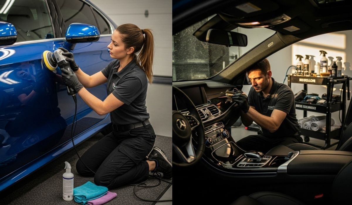 A professional car detailer performing Best Car Interior and Exterior Polish Detailing on a blue car, polishing the exterior and cleaning the interior with professional tools and supplies.