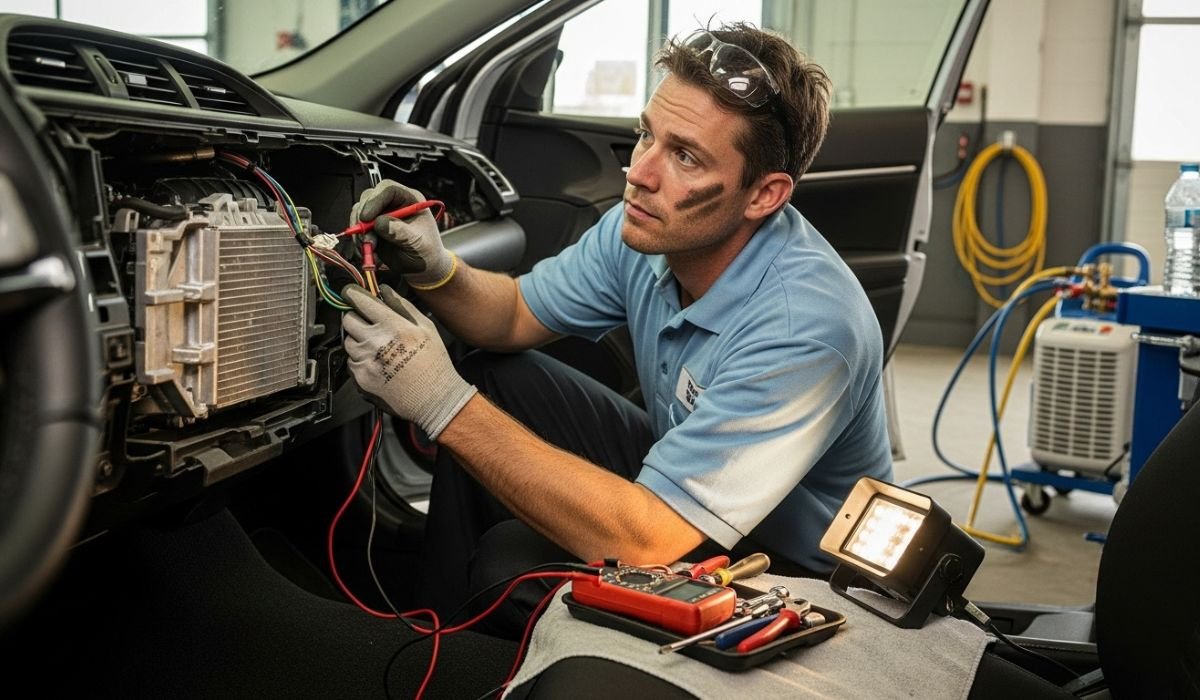 A technician works on car electronics, using multimeters and tools for Car AC repair, with wires connected to a component inside the dashboard.