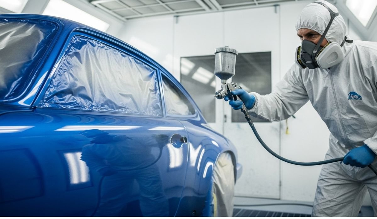 A worker in a protective suit sprays bright blue paint on a vintage car during car painting inside a professional spray booth, showcasing a pristine automotive finish.