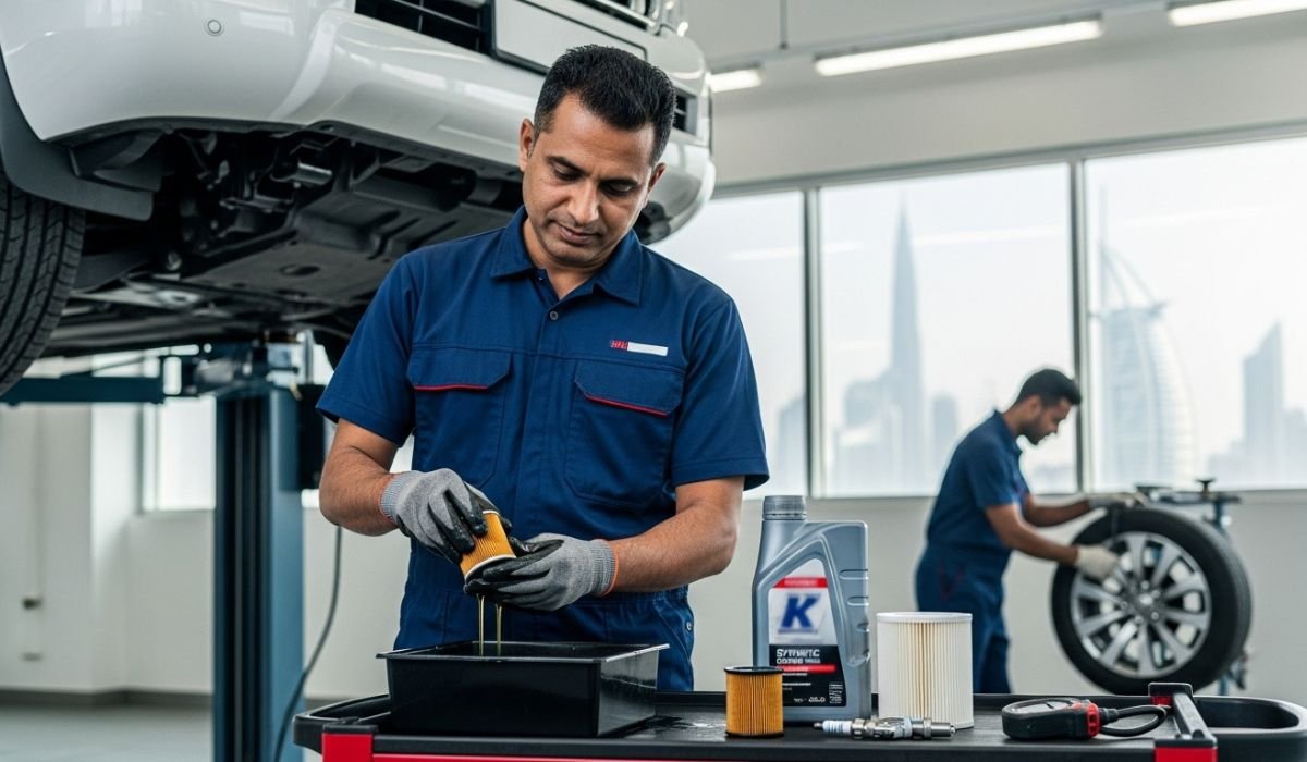 A mechanic in a blue uniform performs maintenance during a car minor service Dubai, carefully pouring oil into a filter while tools and a tire are visible in a modern workshop.