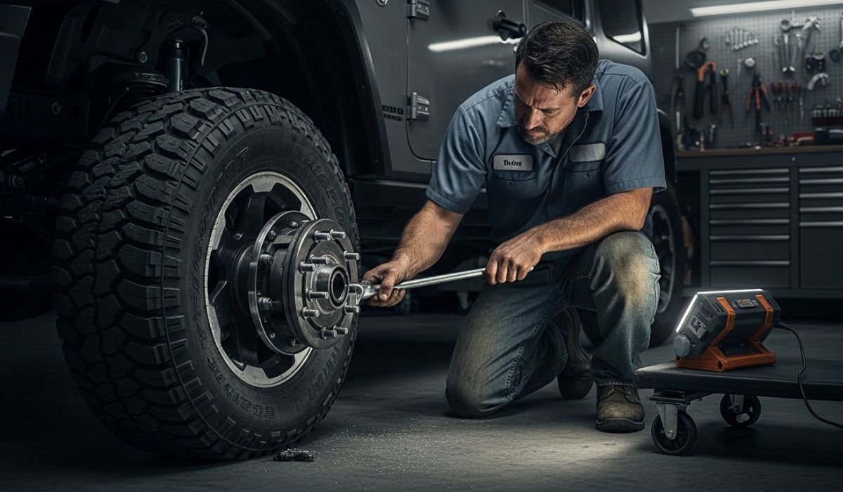 A mechanic kneels beside a vehicle, using a wrench to work on a tire assembly during an Axel Repair in Al Quoz service in a well-lit garage filled with tools.