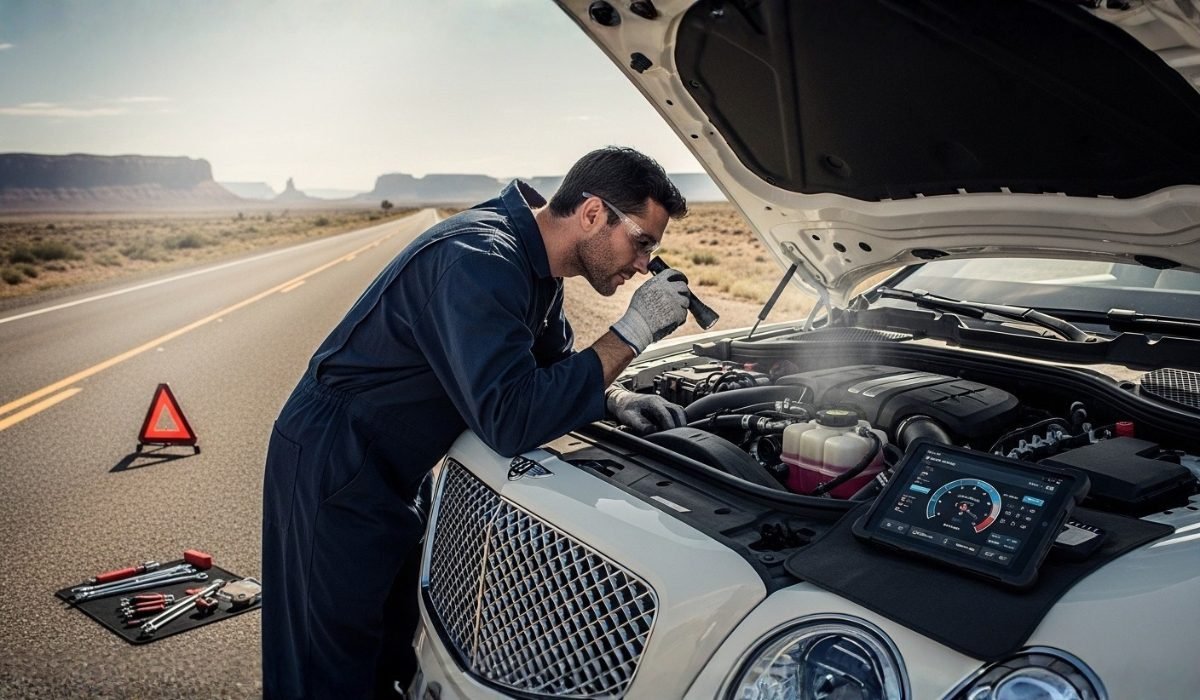 A mechanic inspects a luxury car's engine on the roadside, using tools and a diagnostic tablet, during a Bentley Bentayga Overheating Repair Service at autobahn auto in dubai, with a scenic desert landscape in the background.