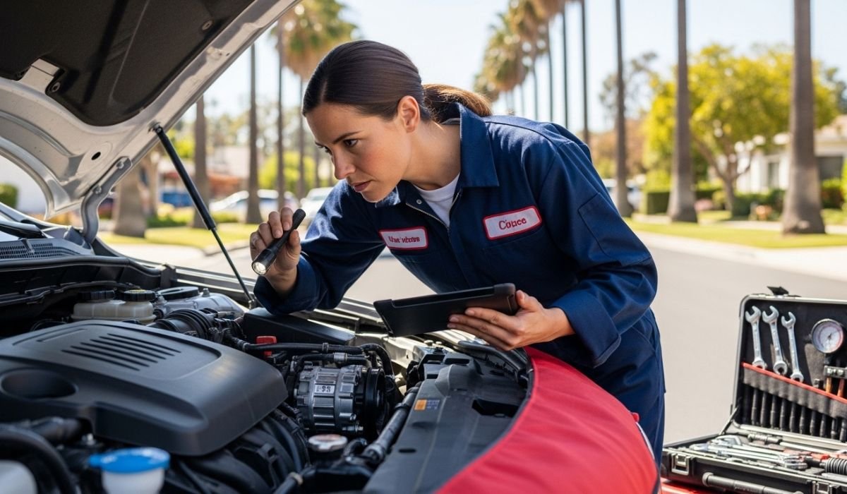 A mechanic inspects a car engine while holding a flashlight and tablet, with tools organized nearby on a sunny palm-lined street at Car AC Repair Near Me – 14 B Al Marabea’ St – Al Quozr.