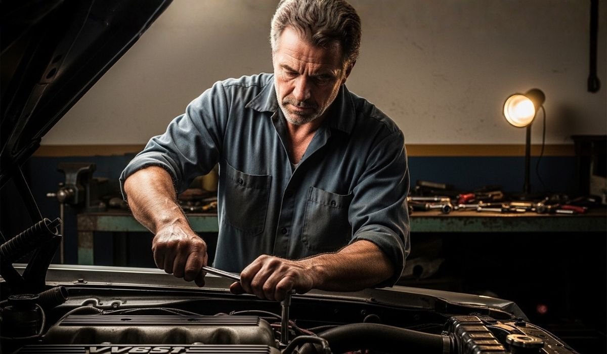 A mechanic works under the hood of a car in a well-lit garage filled with tools and equipment, showing how much does it cost to repair an engine.