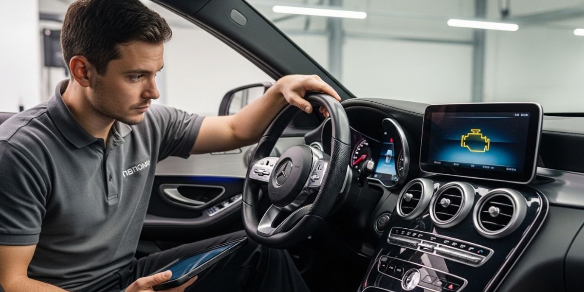 A technician sits in a modern car, using a tablet while performing Mercedes C Class 200 Check Engine Light Diagnostics, with the engine warning light illuminated on the dashboard.