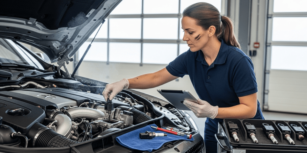 A technician in gloves examines a car engine during Mercedes E63 S Engine Misfire Repair, using a tablet and tools on a blue cloth in a well-lit workshop.