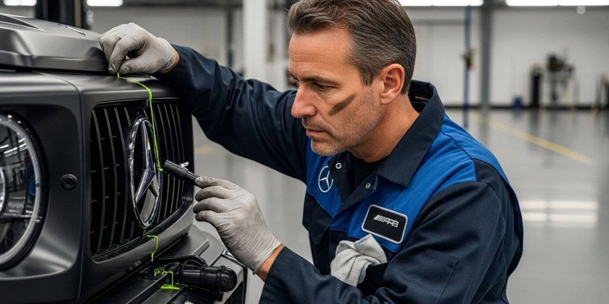 A technician in a workshop carefully marks a Mercedes-Benz grille with a green marker for precision adjustment during a Mercedes G63 Coolant Leakage Repair.