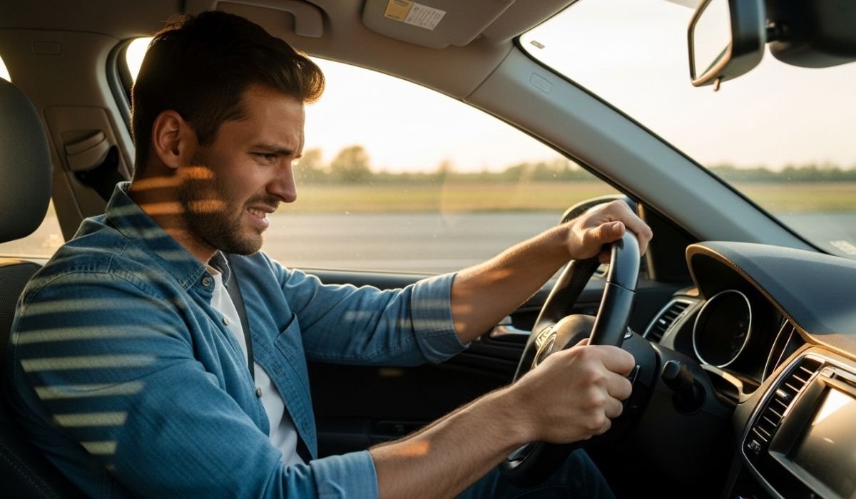 A person driving a car, hands gripping the steering wheel, with sunlight casting shadows through the window, highlighting concerns about Power Steering Malfunction in Al Quoz.