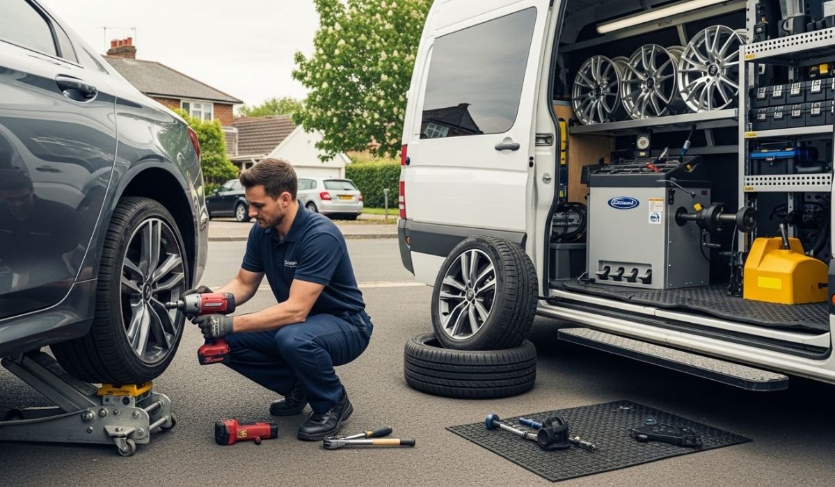 Emergency mobile tyre fitting technician works on a car tire using a power tool beside a fully equipped service van in a residential area.