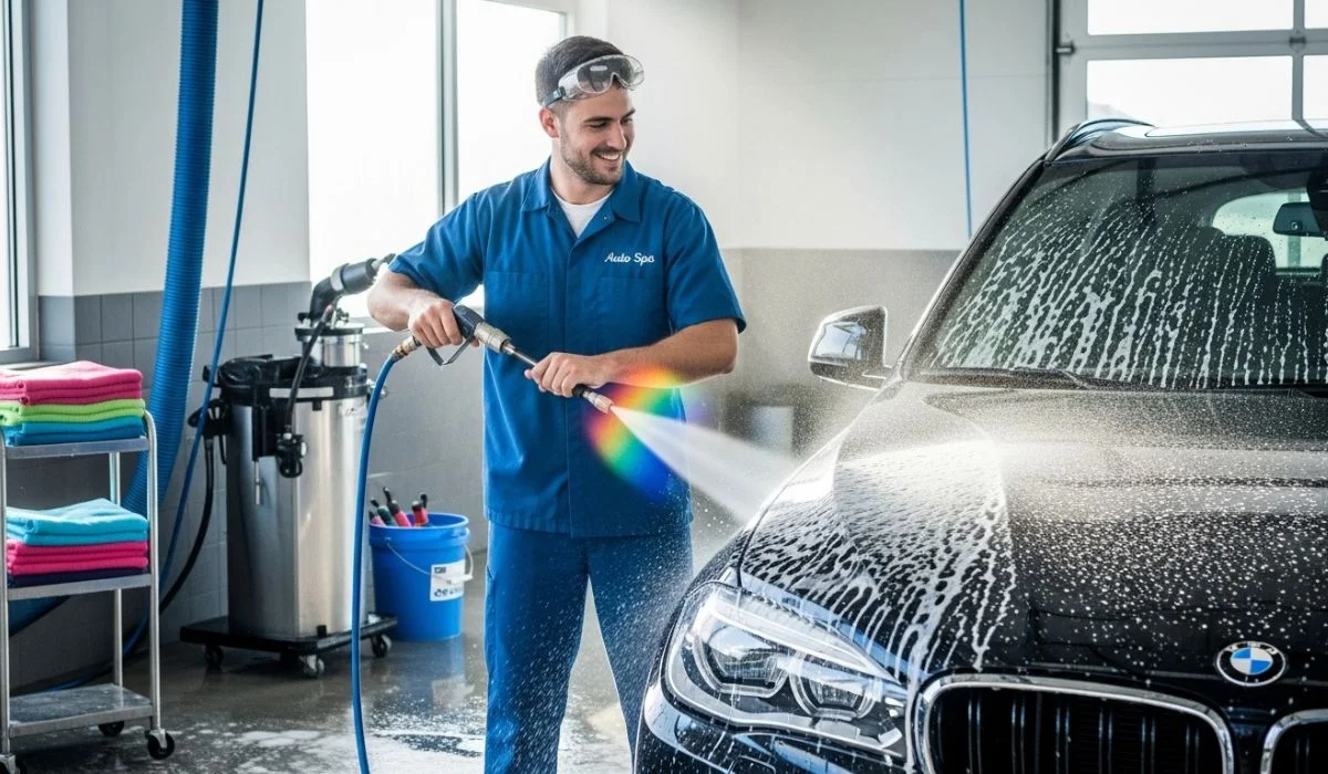 A worker in a blue uniform washes a black BMW using a pressure washer, with colorful towels and equipment nearby, showcasing Best Auto Spa Services in a professional car wash setting.