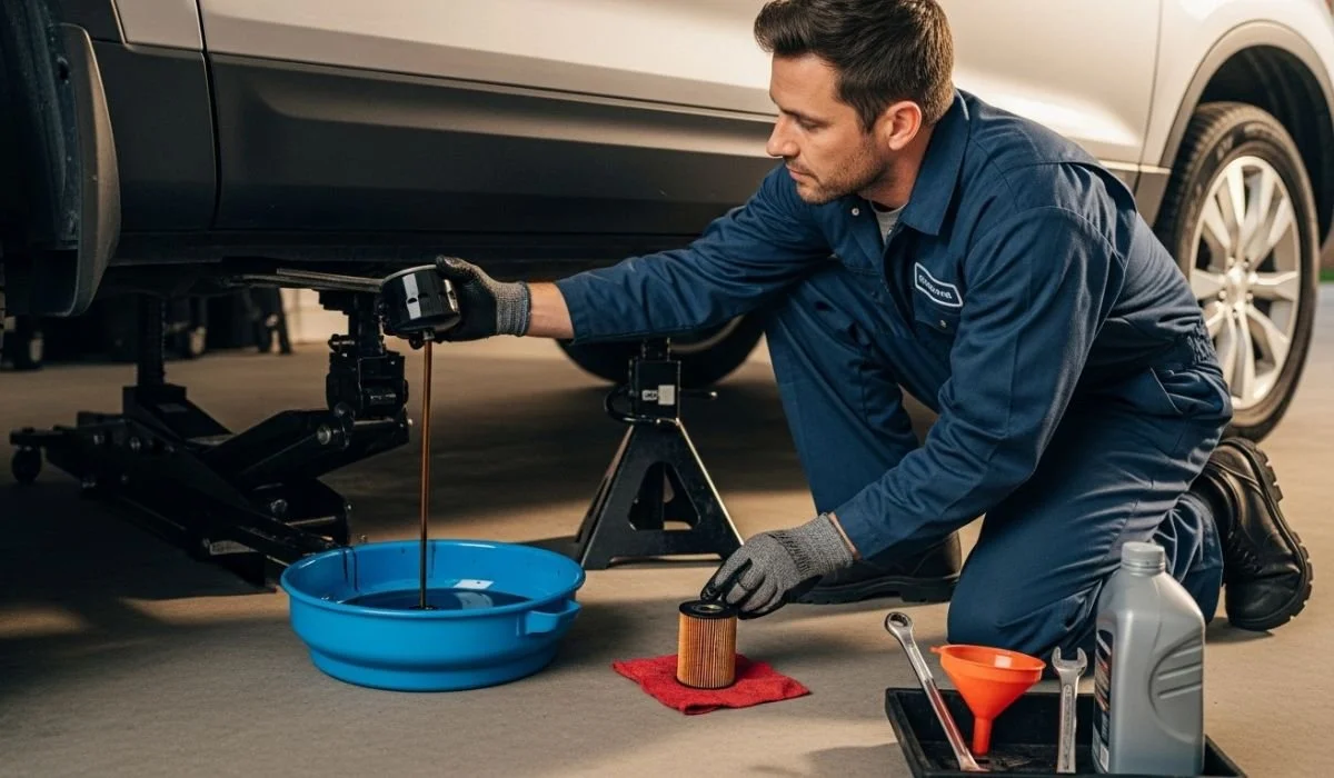 A mechanic in blue overalls is draining engine oil into a blue pan under a raised vehicle, with tools and an oil filter nearby, performing a routine service for customers searching for an oil change near me.